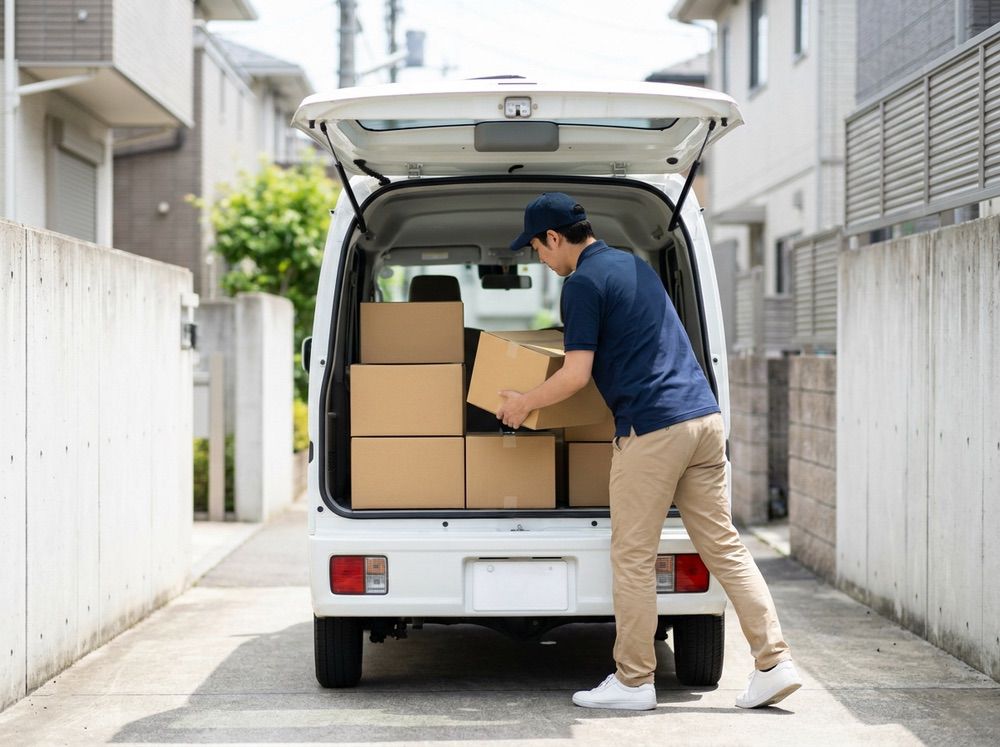 路地裏で荷物を積み込むドライバー