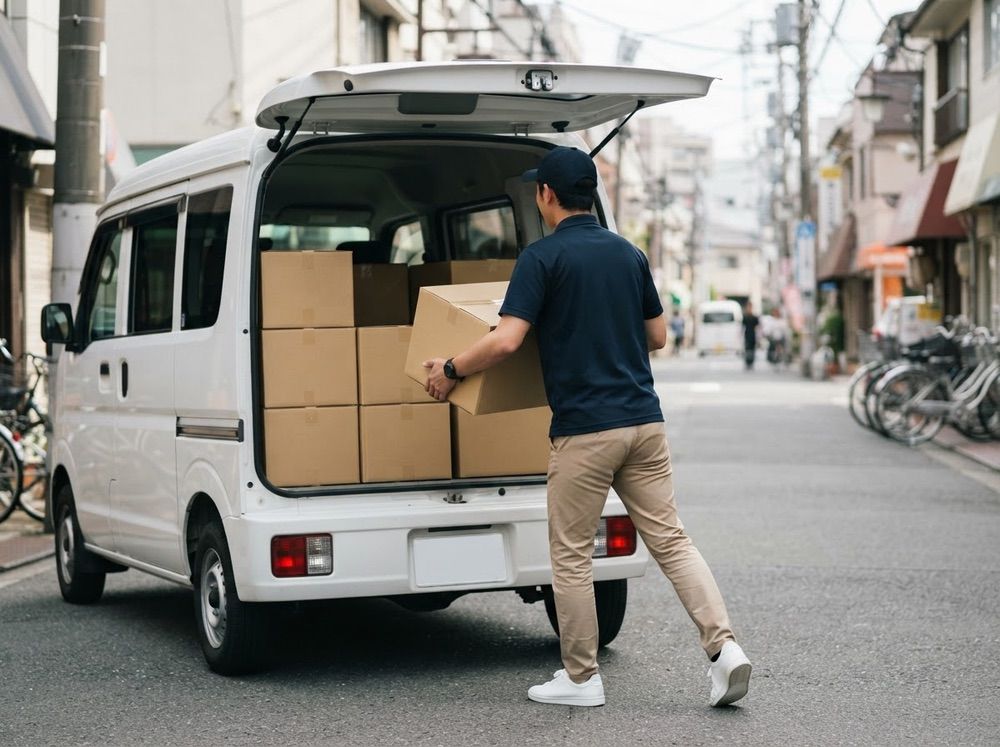 荷物を持って軽バンへ向かうドライバー