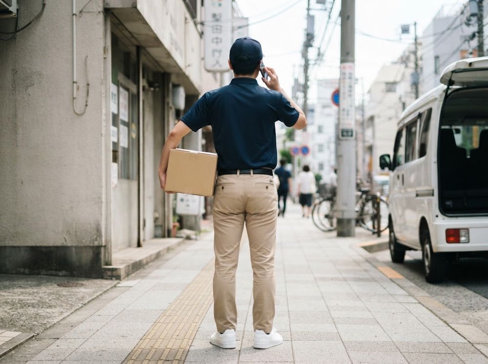 屋外で電話対応しながら荷物を持つドライバー